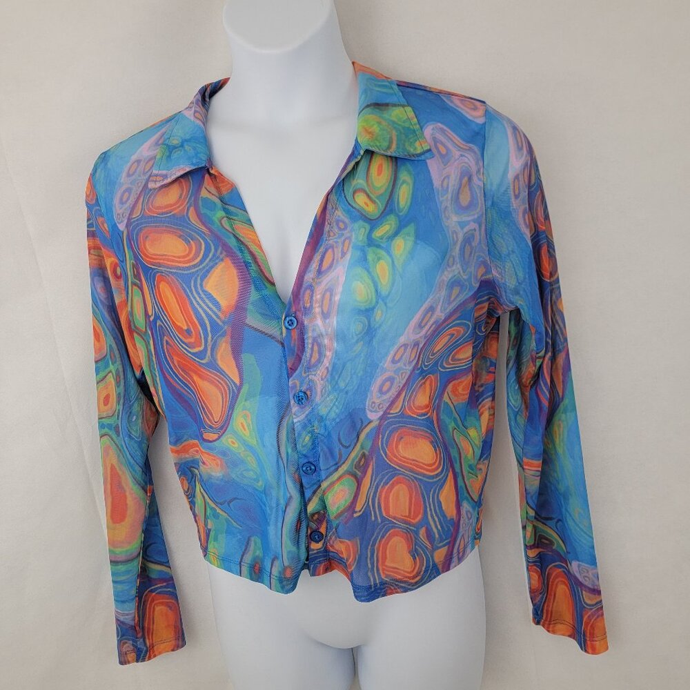 POSTER GIRL Womens 2X Mesh Crop Top Blue Orange Tie Dye Button Up Long Sleeve
